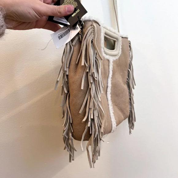 Maje Cream Sherpa Fringe Leather Suede Adjustable Designer Crossbody Bag NWT - Picture 4 of 10